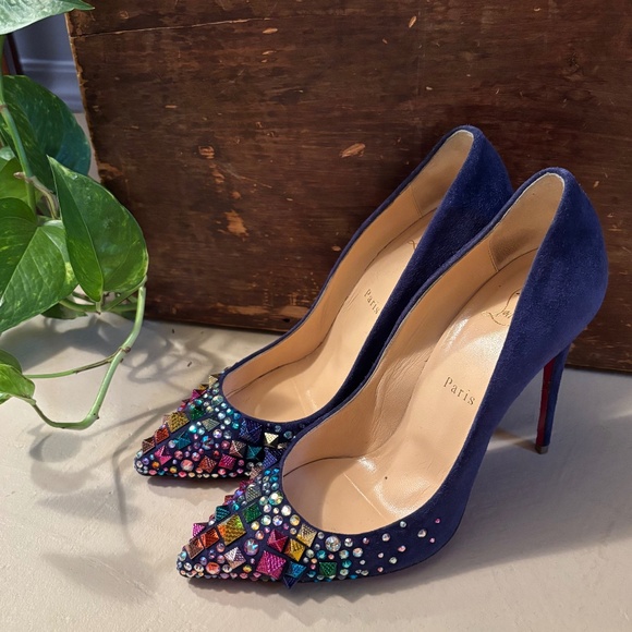 CHRISTIAN LOUBOUTIN 100 VEAU VELOURS CHINA BLUE/MIX MULTI - Picture 1 of 7